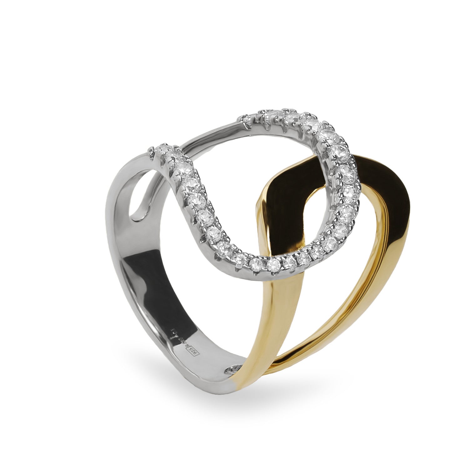 Anillo bicolor de plata con circonitas diseño sobrepuesto