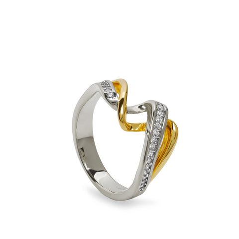 Anillo bicolor de plata con circonitas diseño espiral