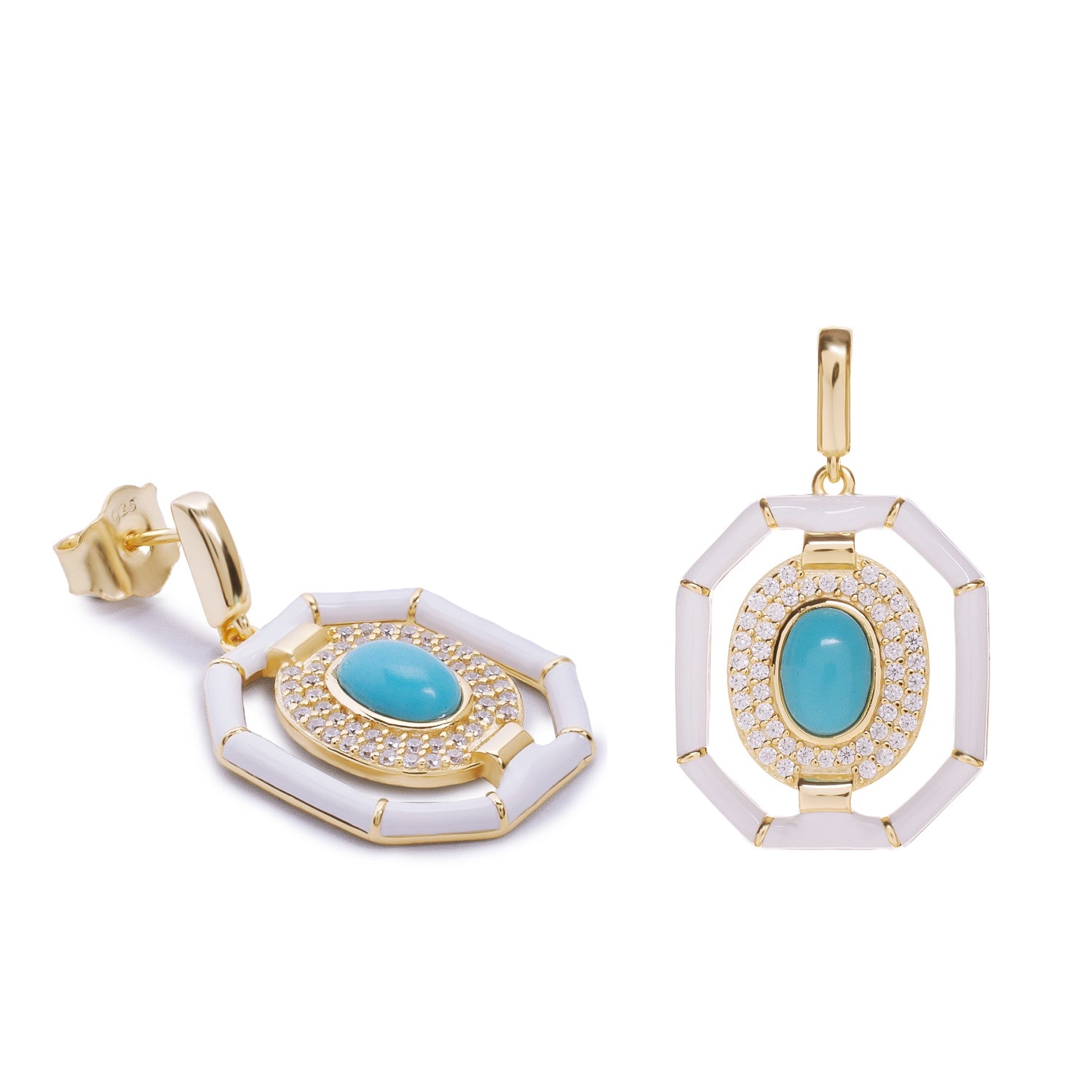Pendientes de plata octogonales con piedra turquesa baño de oro