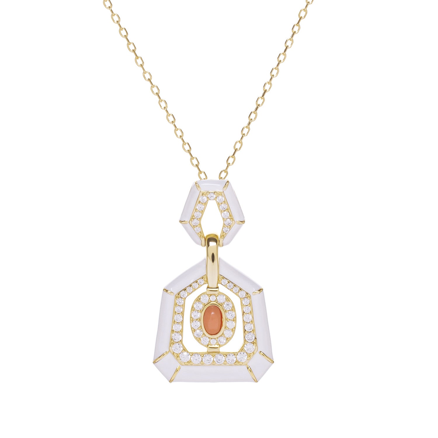 Colgante de plata bañada en oro con esmalte blanco y piedra coral