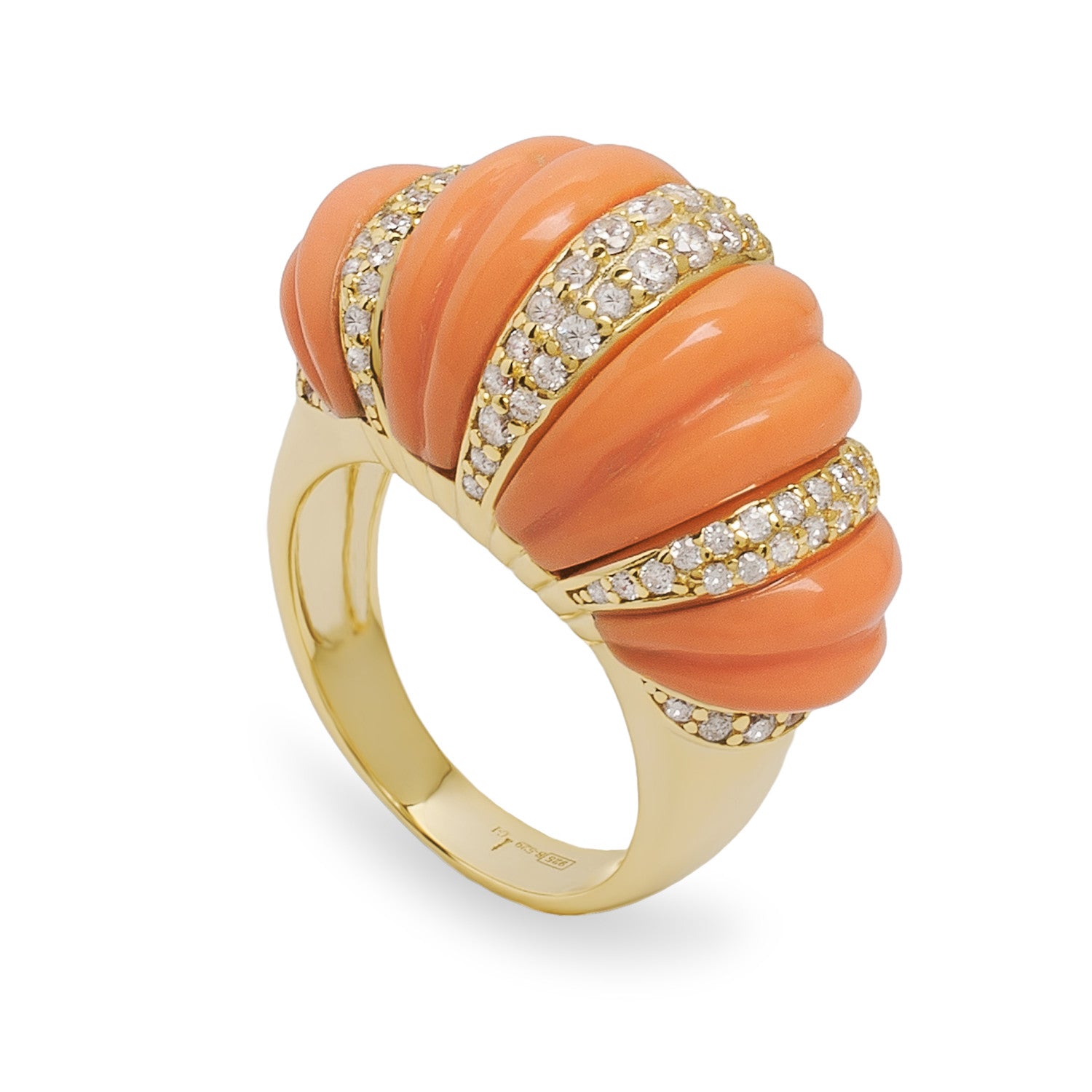 Anillo coral de plata bañada en oro con circonitas