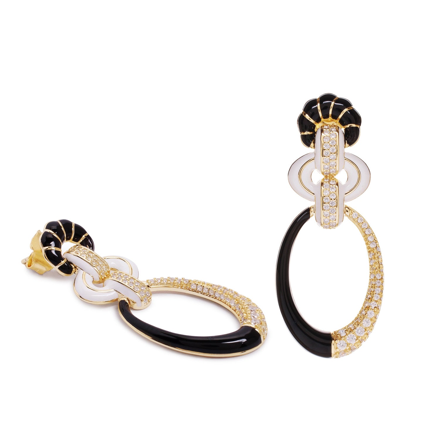 Pendientes de plata con esmalte blanco y negro y circonitas