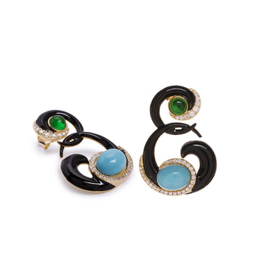 Pendientes de plata bañados en oro con esmalte negro y piedras turquesa