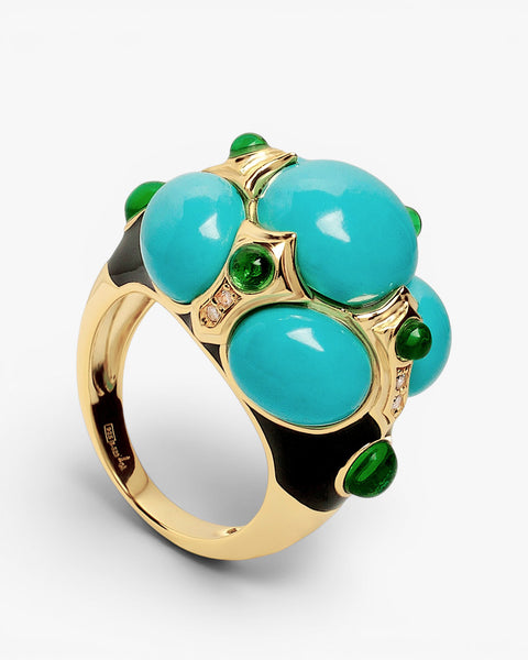 Gold-plated sterling silver ring with black enamel and turquoise stones