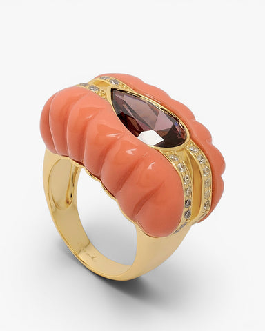 Bague en argent plaqué or avec émail corail et zircons