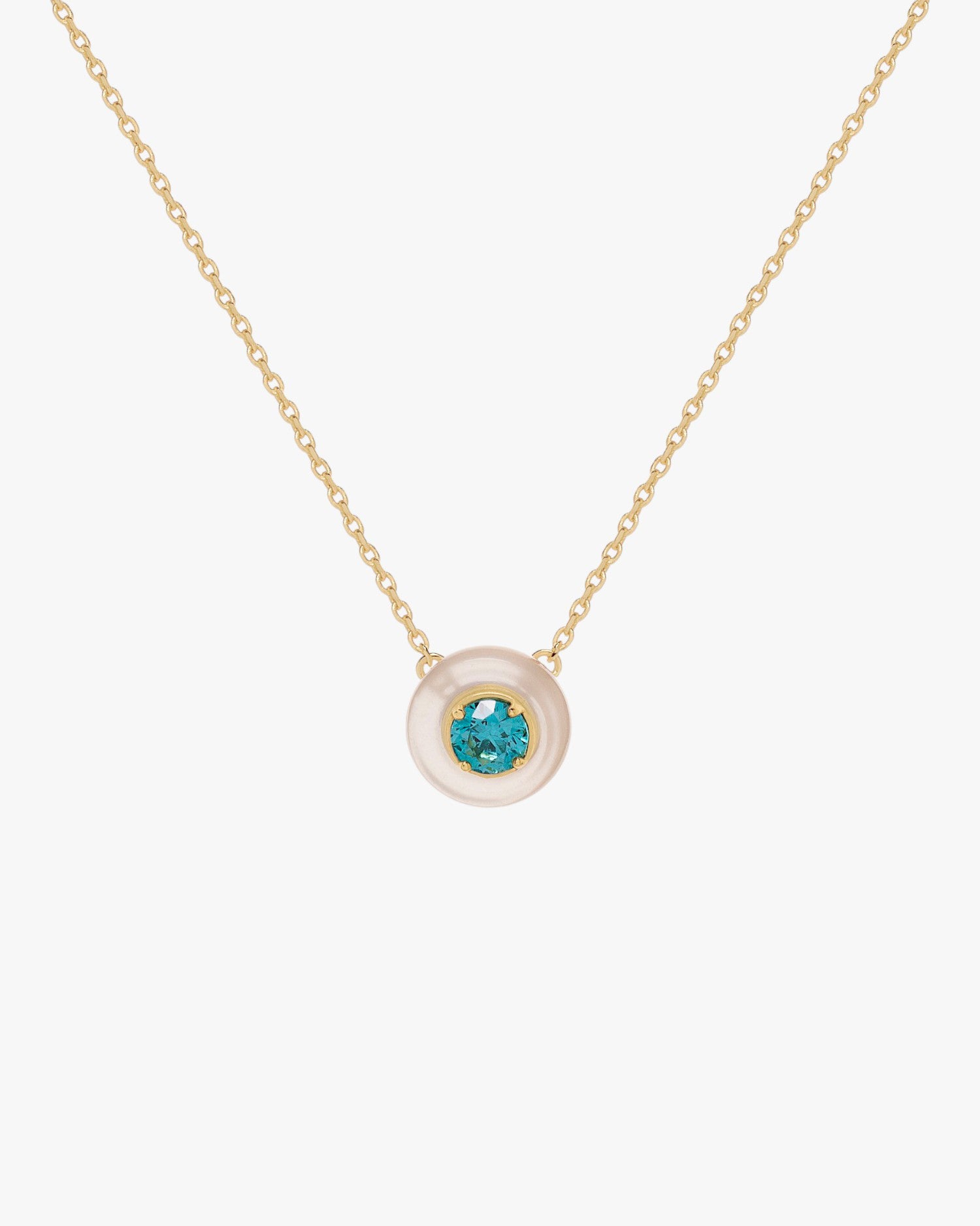 Gold necklace with mother-of-pearl and turquoise disc pendant