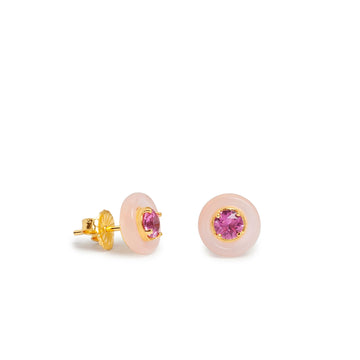 Pendientes botón dorados con disco rosa y circonita fucsia