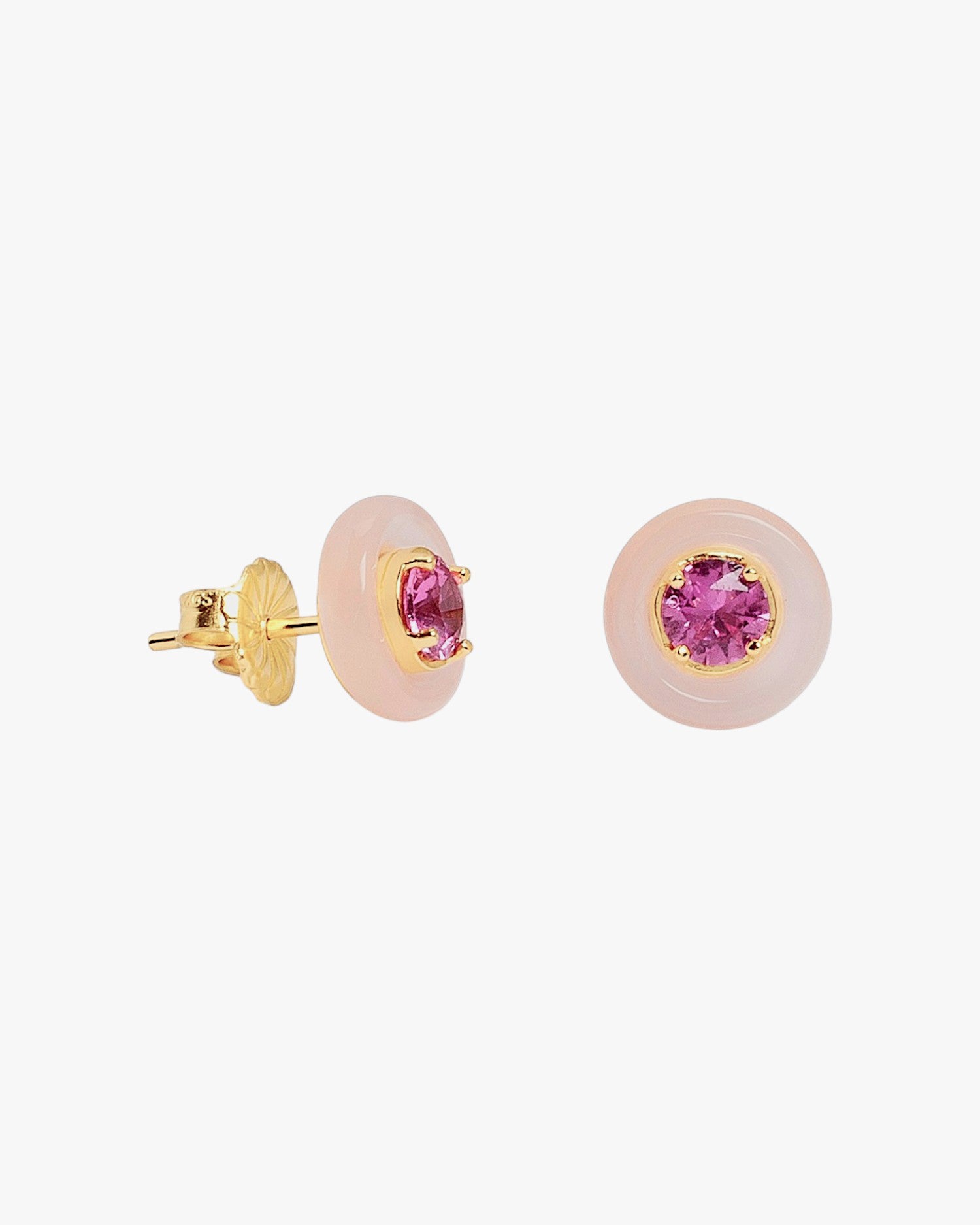 Gold stud earrings with pink disc and fuchsia cubic zirconia
