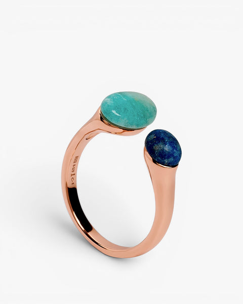 Rose gold-tone silver open ring with blue stones