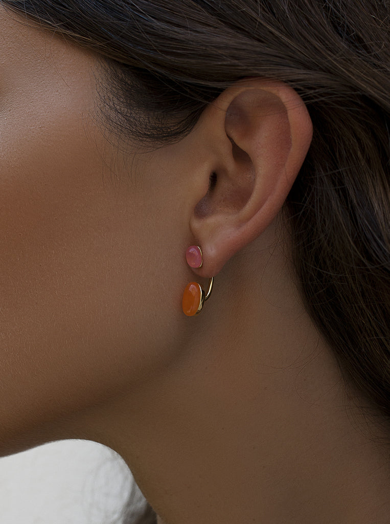 Gold-tone silver earrings with pink and orange stones