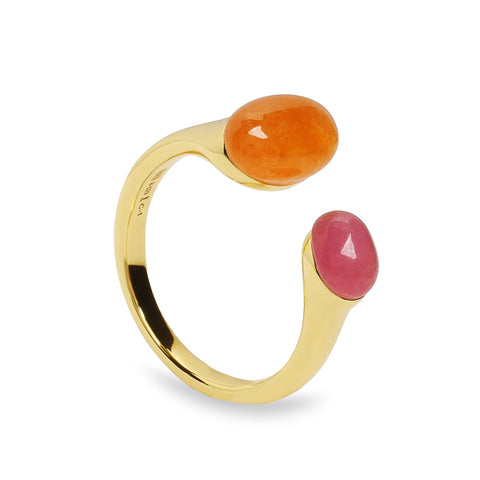 Anillo abierto de plata tono oro con piedras rosa y naranja