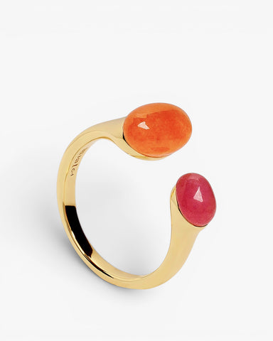 Open gold-tone silver ring with pink and orange stones