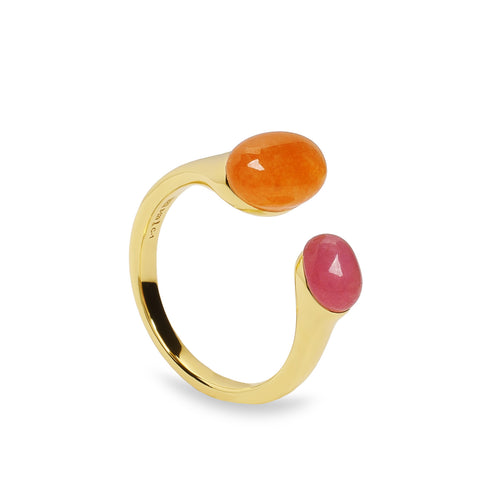 Anillo abierto de plata tono oro con piedras rosa y naranja