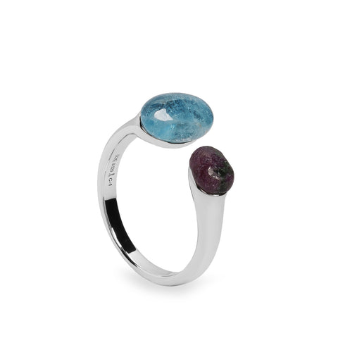 Anillo abierto de plata con piedras verde y azul en cabujón