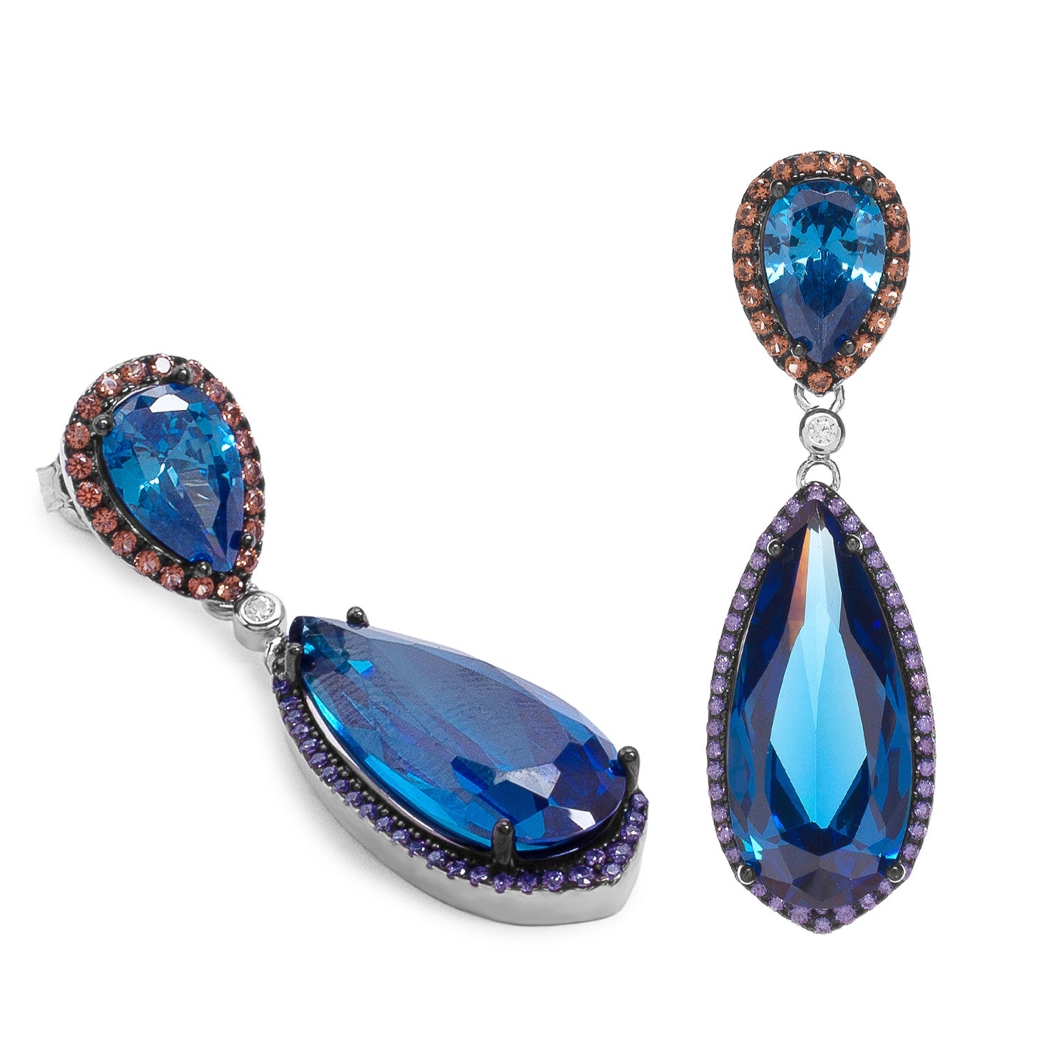 Pendientes largos de plata con gotas azules y circonitas multicolor