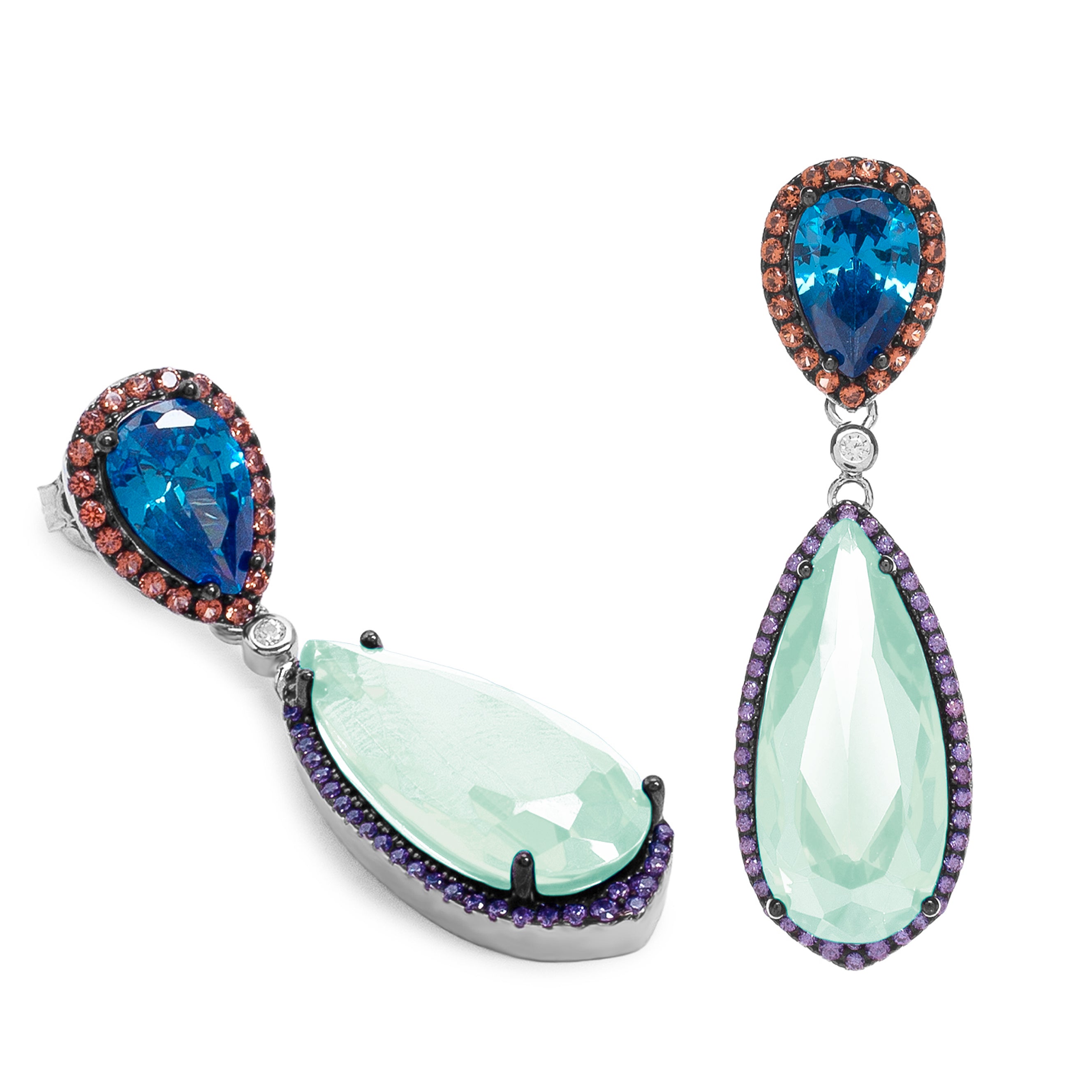 Pendientes largos de plata con gotas azules y circonitas multicolor