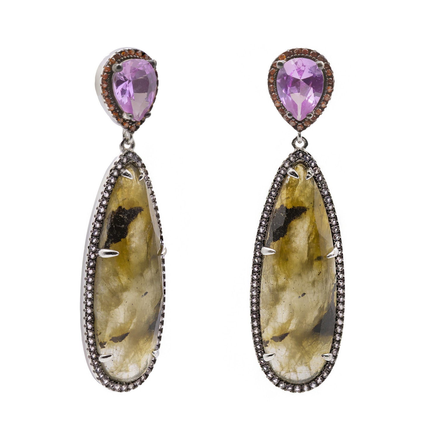 Pendientes largos de plata con piedra natural y cristal rosa