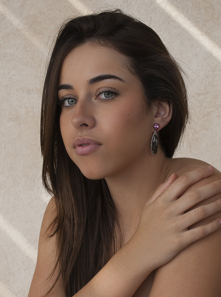 Pendientes largos de plata con piedra natural y cristal rosa