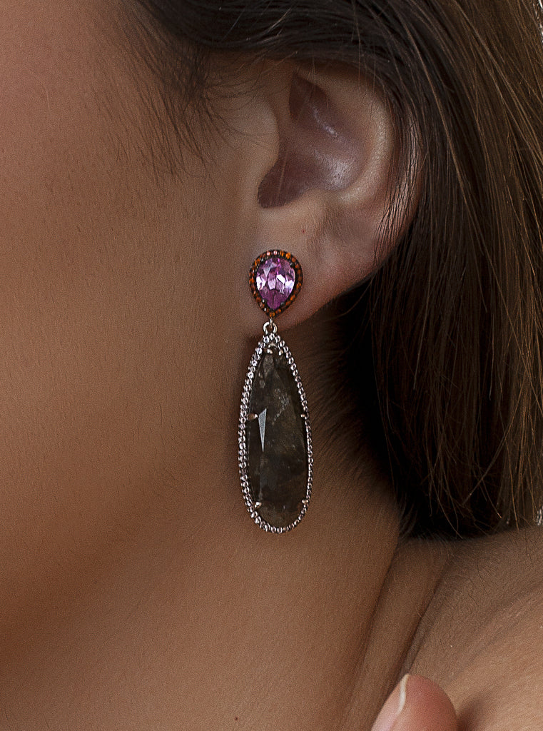 Pendientes largos de plata con piedra natural y cristal rosa