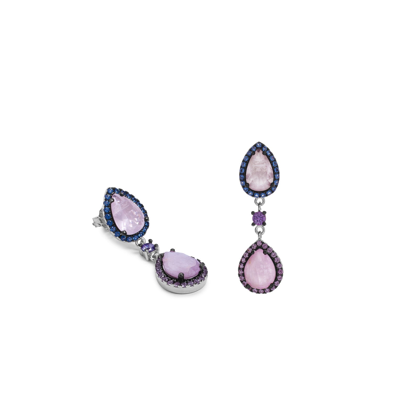 Pendientes largos de plata de ley con doble lágrima rosa y circonitas