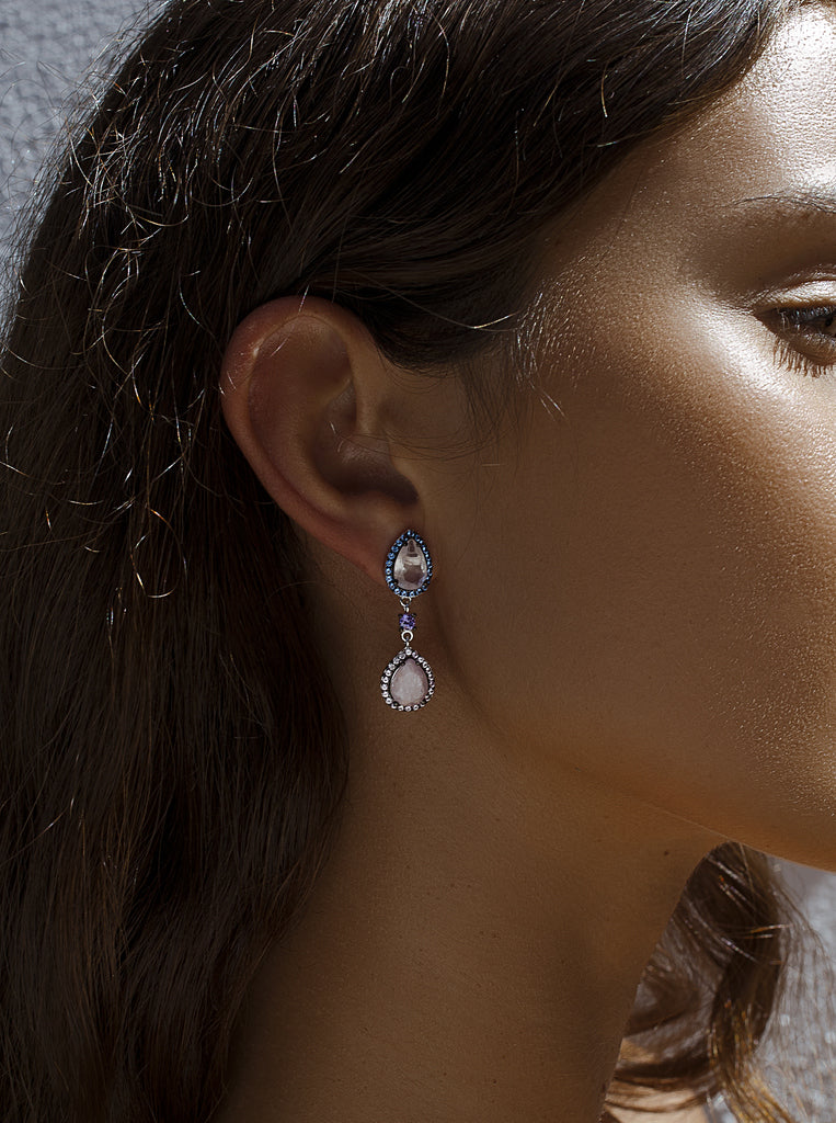 Pendientes largos de plata de ley con doble lágrima rosa y circonitas