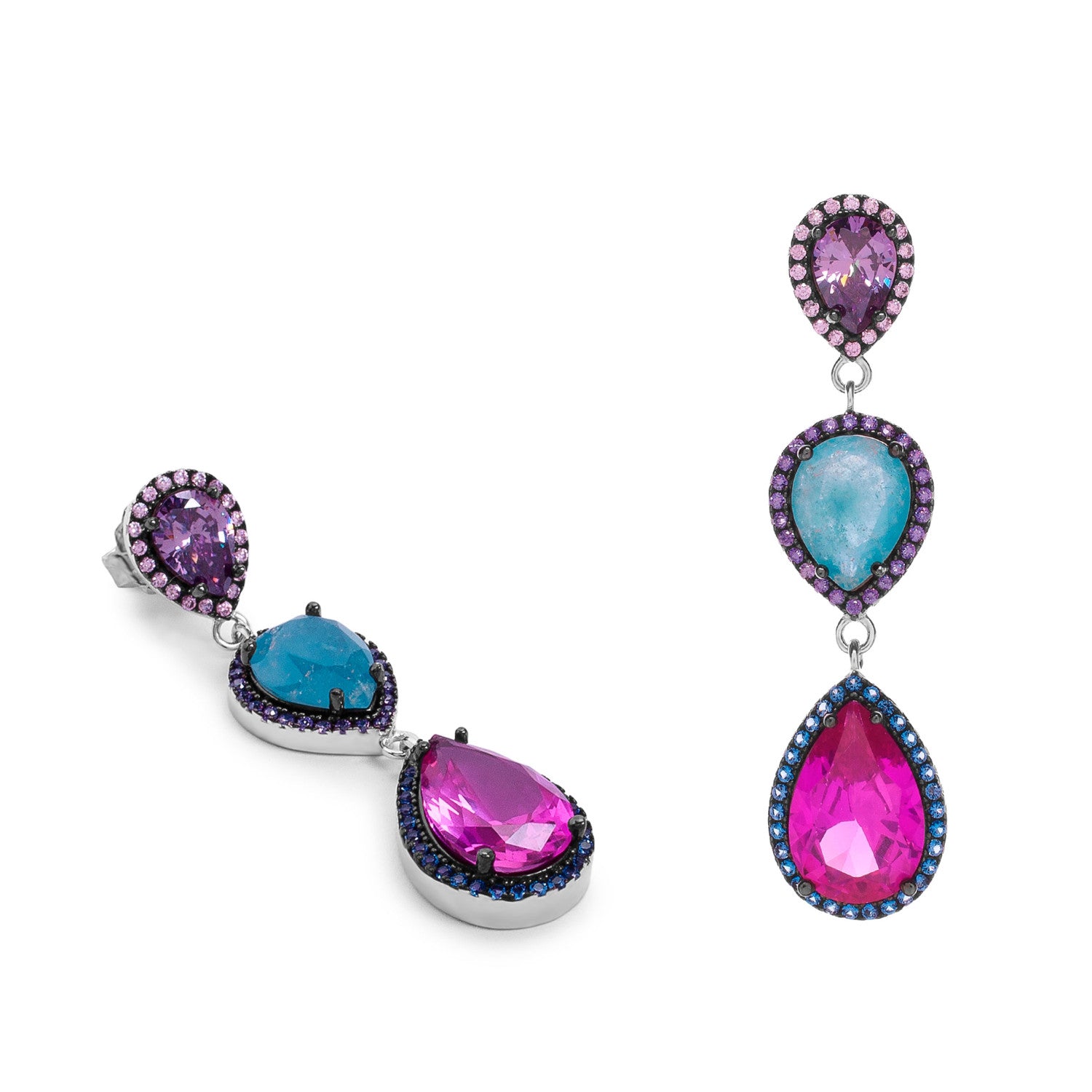 Pendientes largos de plata de ley con lágrimas multicolor y circonitas