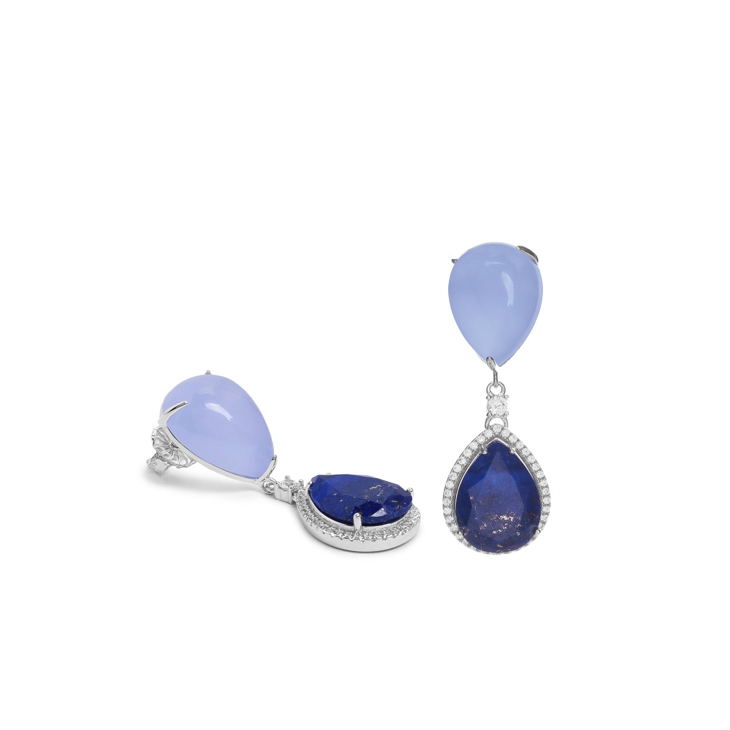Pendientes largos de plata de ley con piedra azul y halo de circonitas