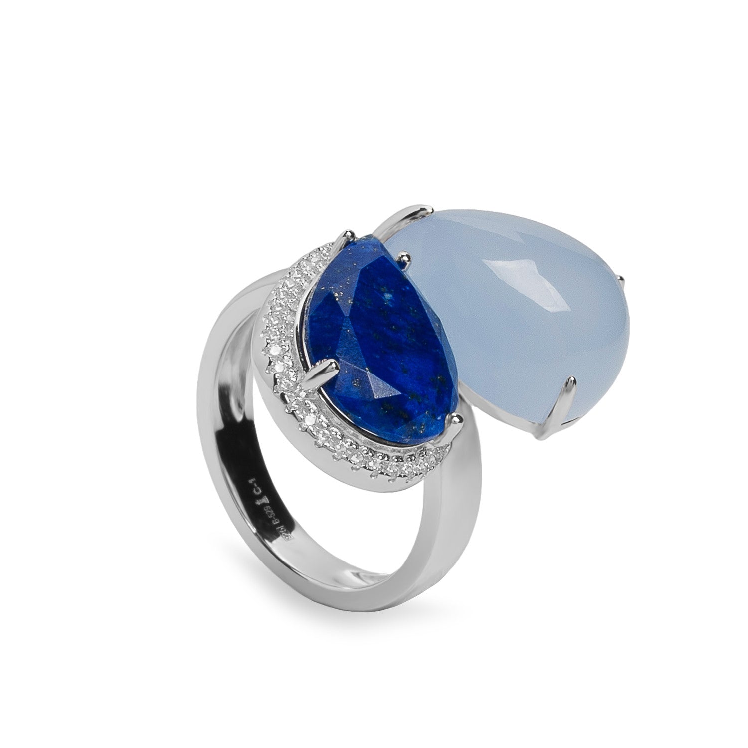 Anillo de plata de ley con doble piedra azul y circonitas