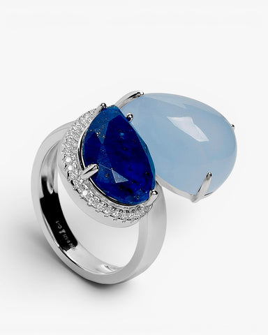Sterling silver ring with double blue stone and zircons