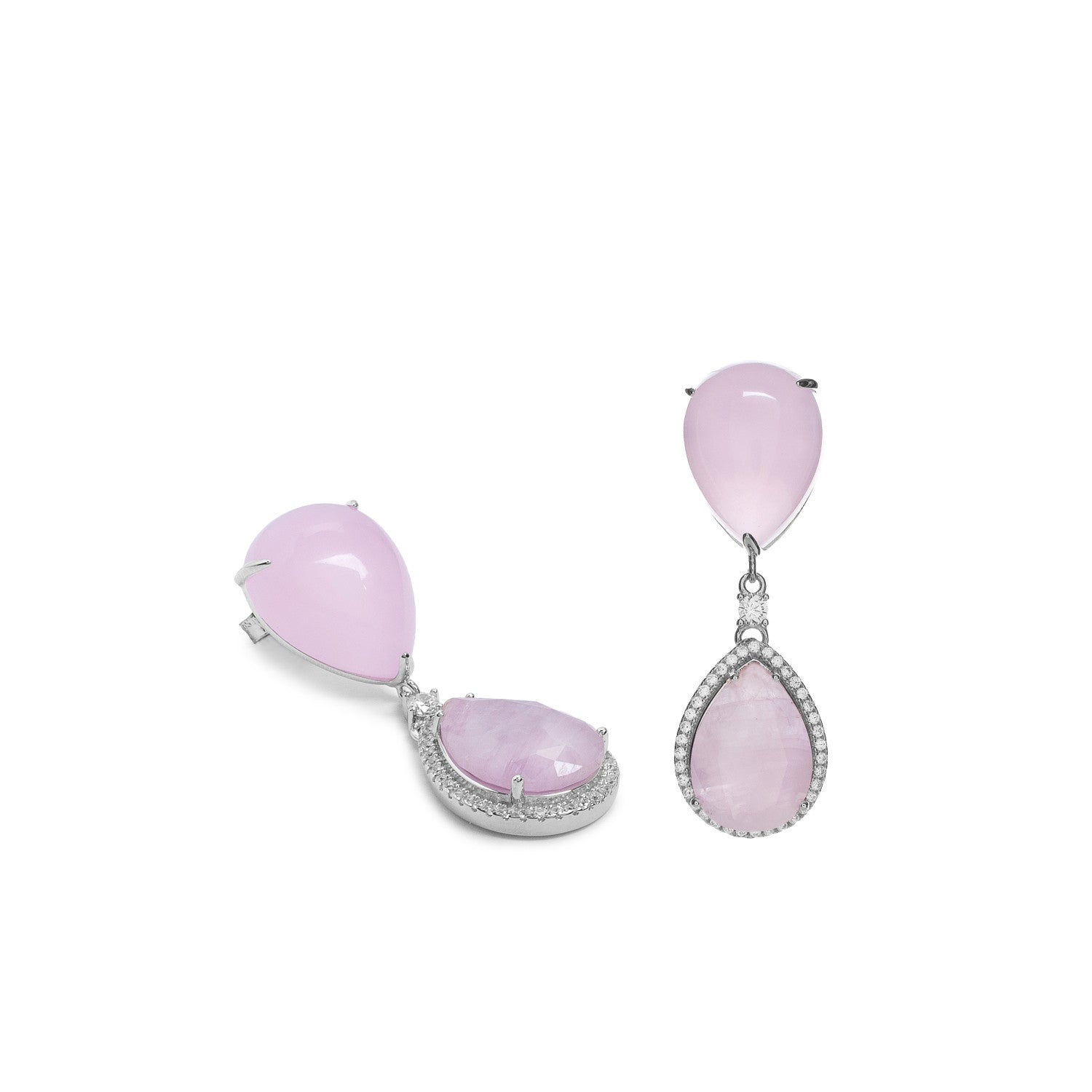 Pendientes largos de plata rosa con lágrimas y circonitas
