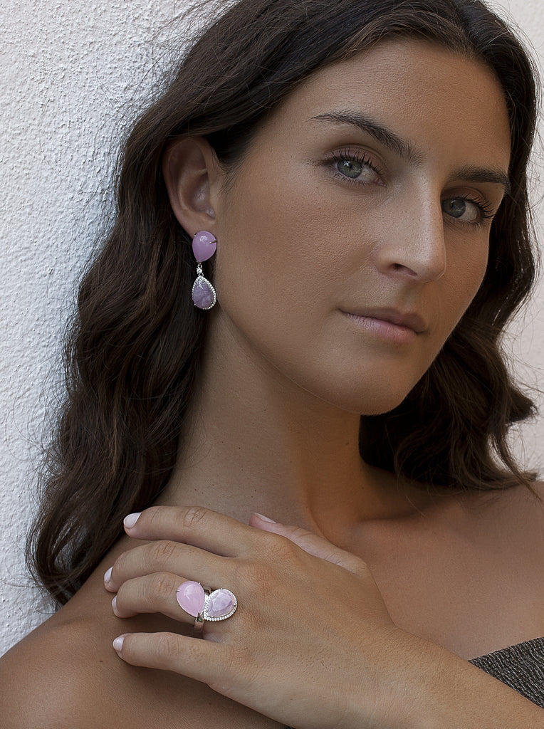 Pendientes largos de plata rosa con lágrimas y circonitas