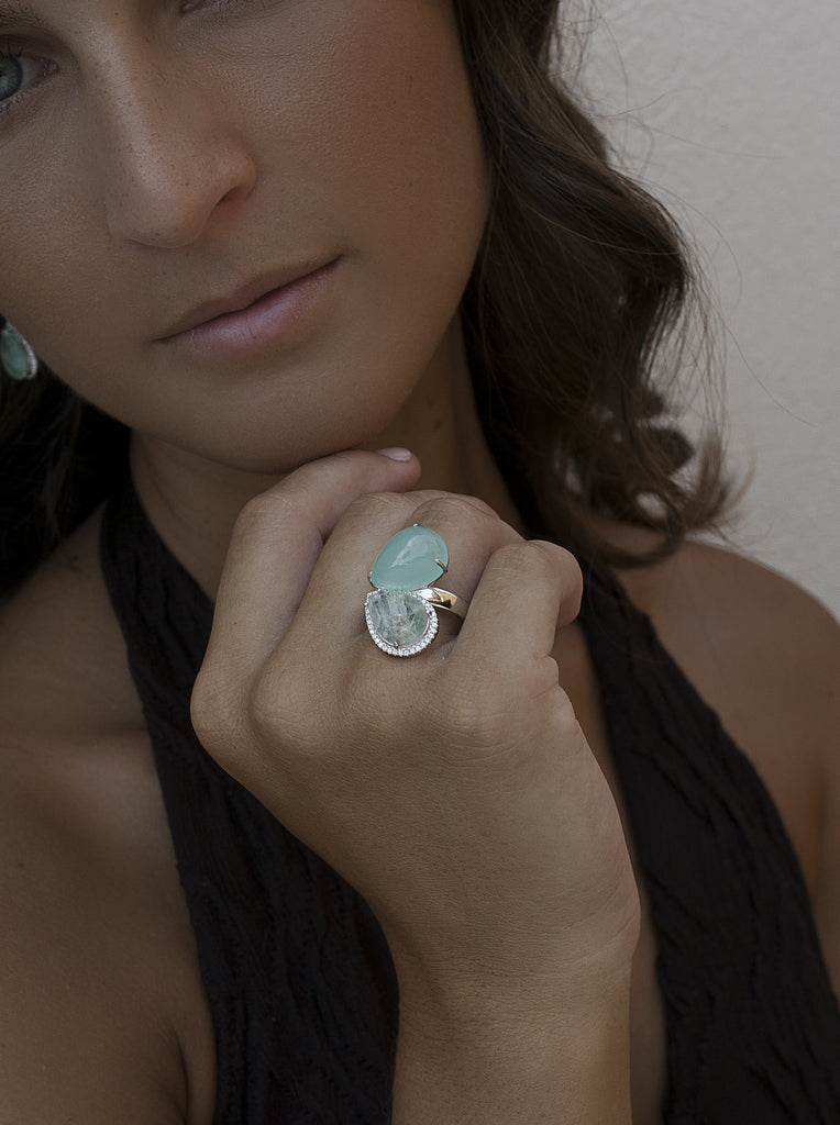 Anillo abierto turquesa de plata con circonitas