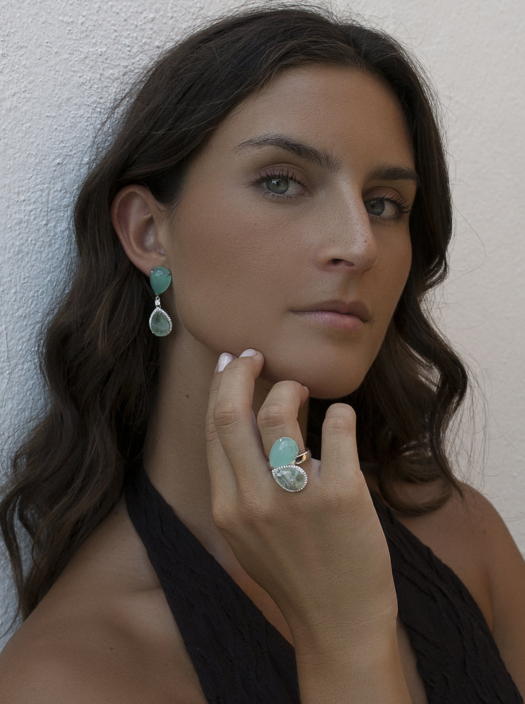 Anillo abierto turquesa de plata con circonitas