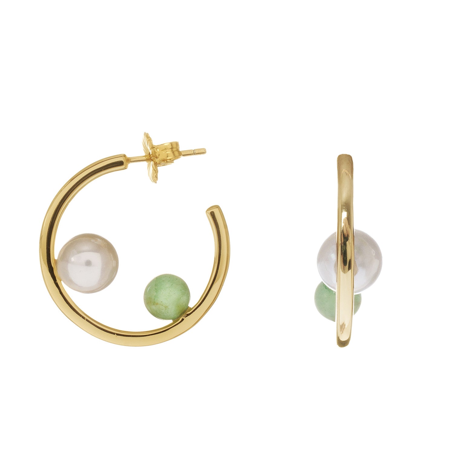 Pendientes aro dorados con perla y piedra verde