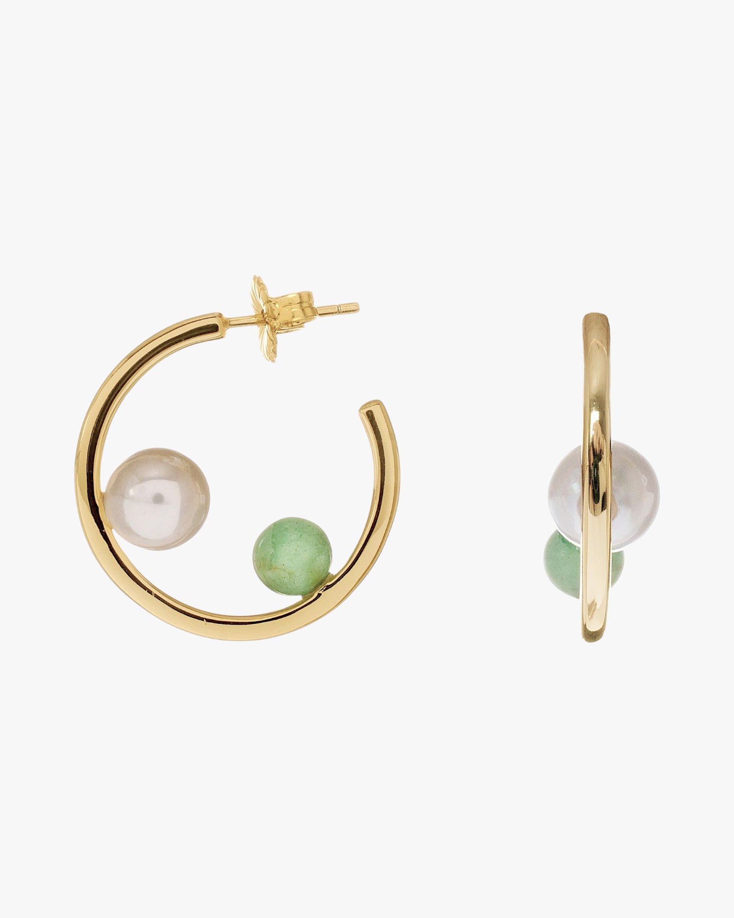 Pendientes aro dorados con perla y piedra verde