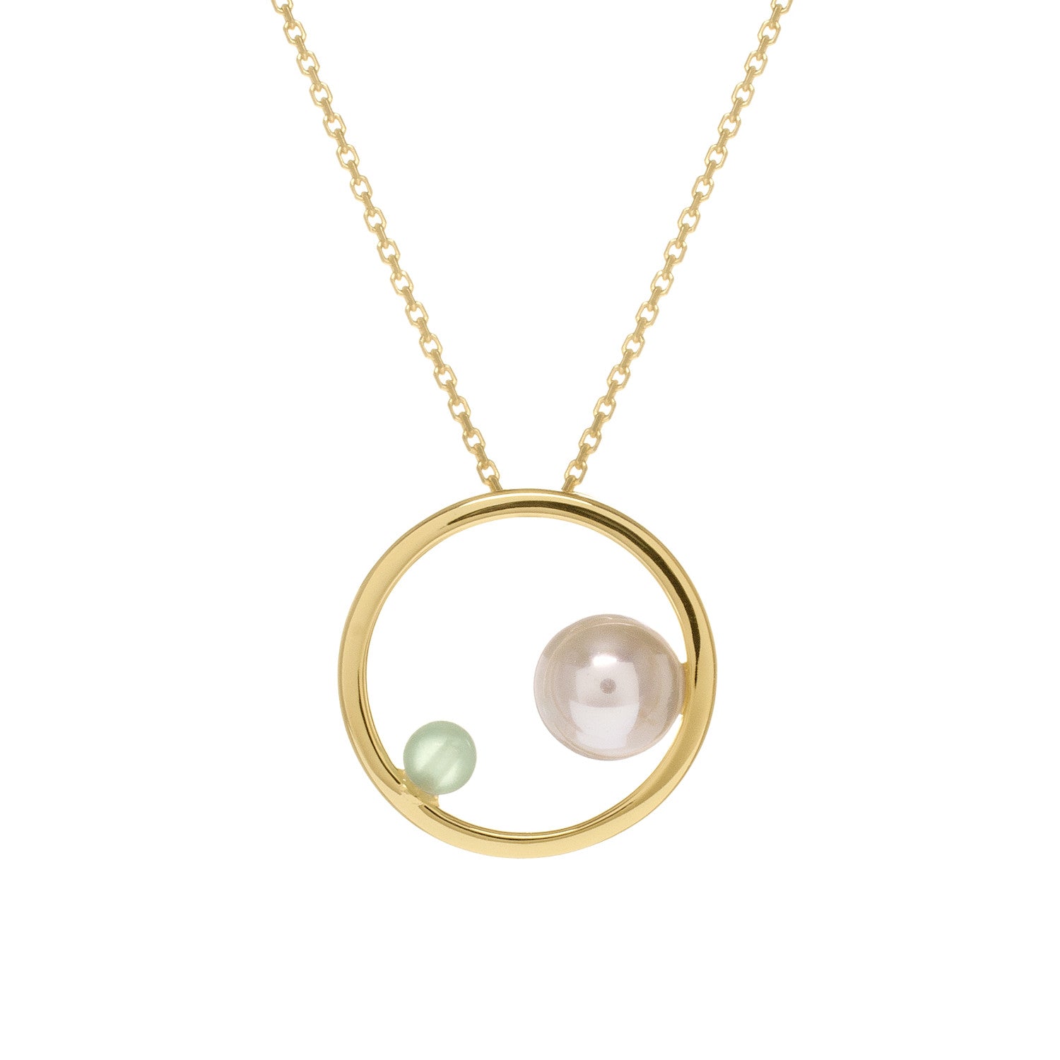Collar dorado círculo con perla y piedra verde