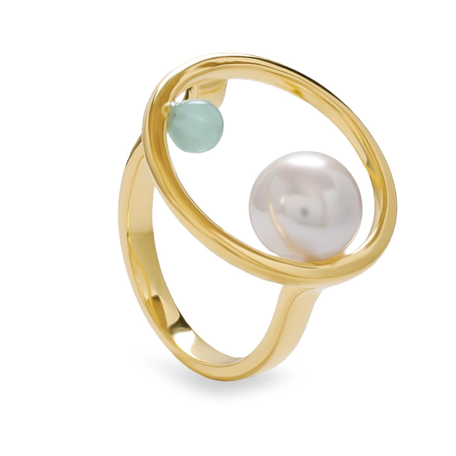 Anillo dorado con perla y piedra verde diseño círculo