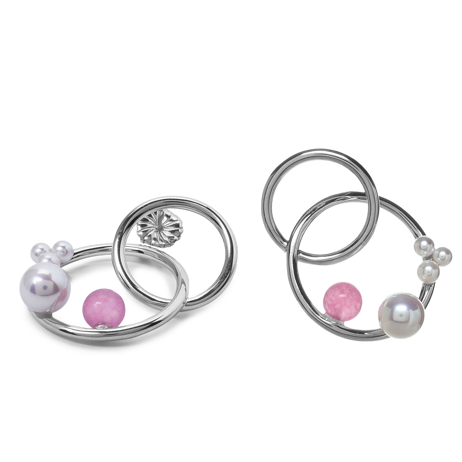 Pendientes espiral de plata con perlas y piedra rosa
