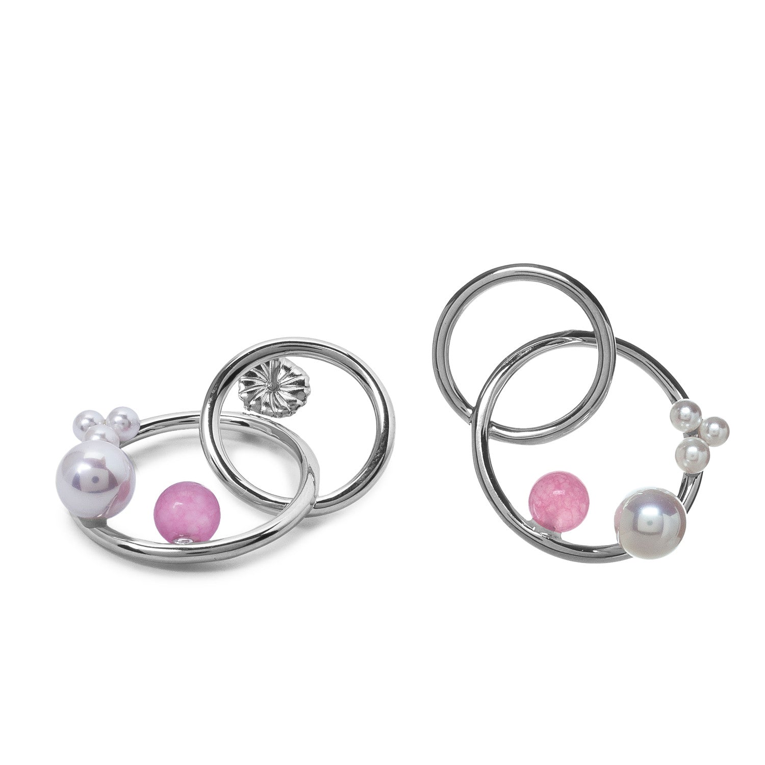 Pendientes espiral de plata con perlas y piedra rosa