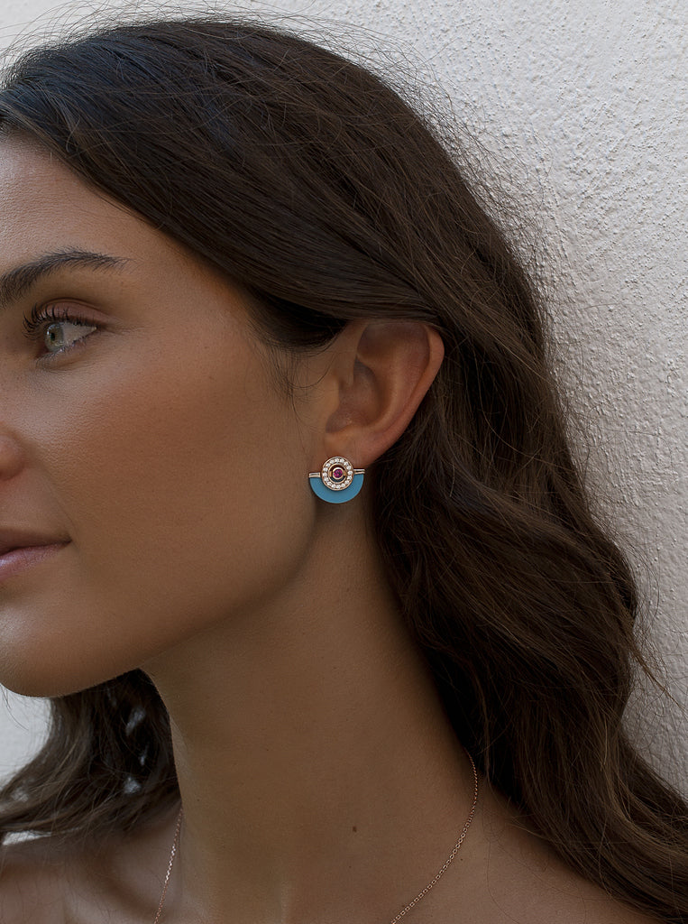 Pendientes media luna turquesa tono oro rosa con circonitas