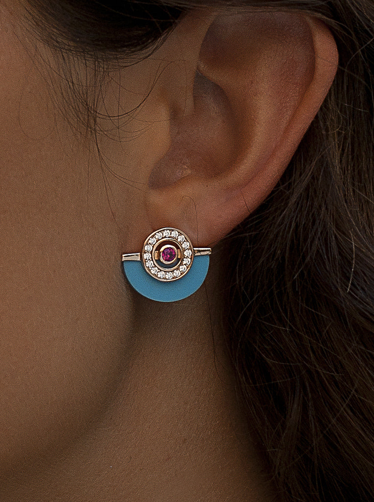 Pendientes media luna turquesa tono oro rosa con circonitas