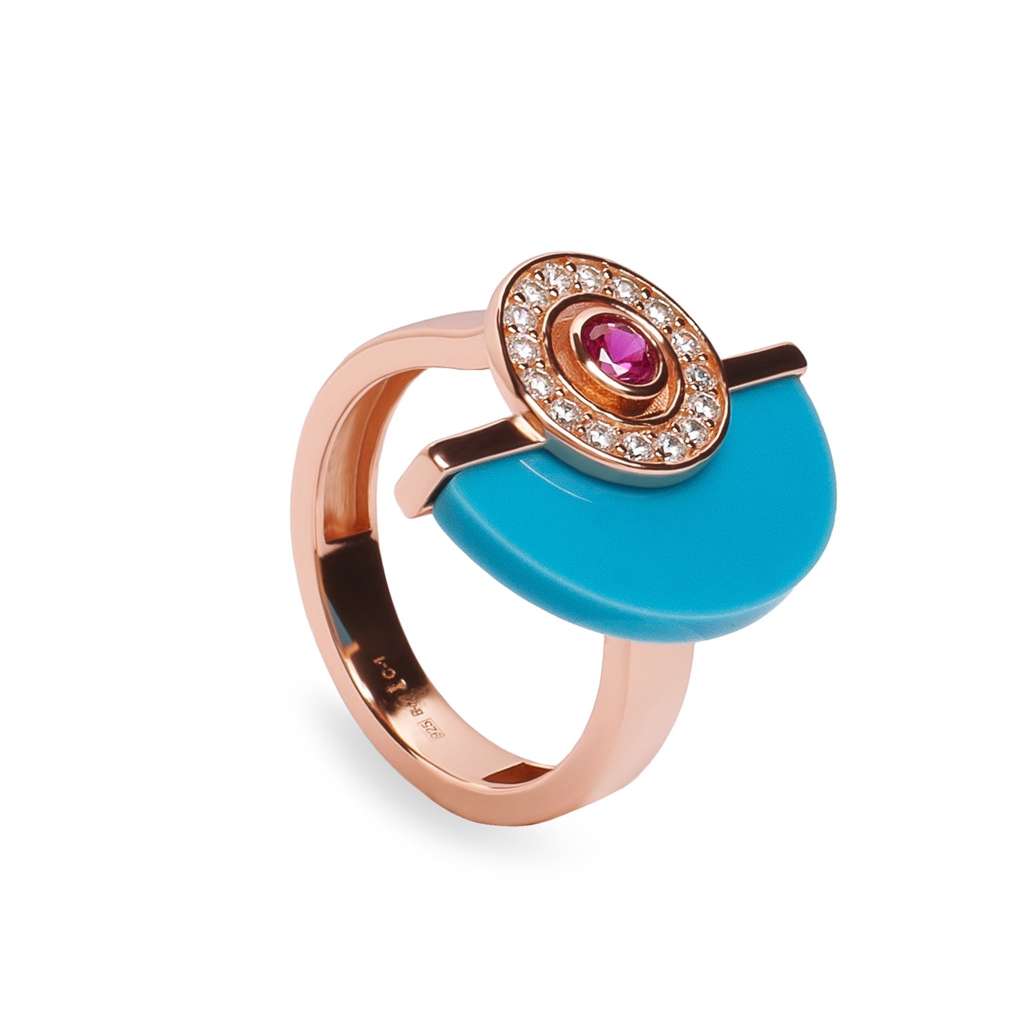 Anillo media luna turquesa tono oro rosa con circonitas