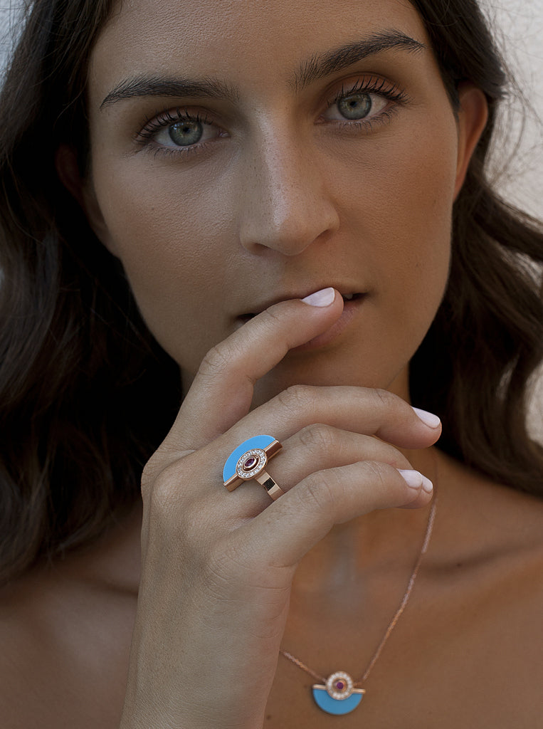 Rose gold-tone turquoise half moon ring with cubic zirconia