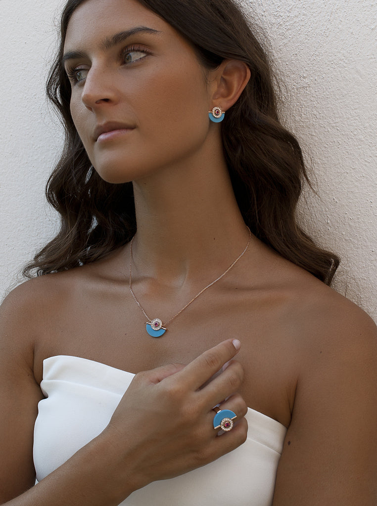 Rose gold-tone turquoise half moon ring with cubic zirconia