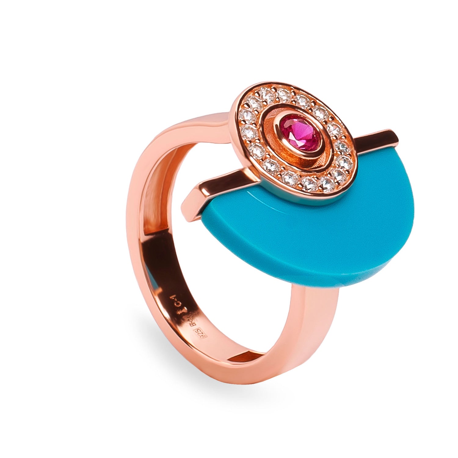 Anillo media luna turquesa tono oro rosa con circonitas