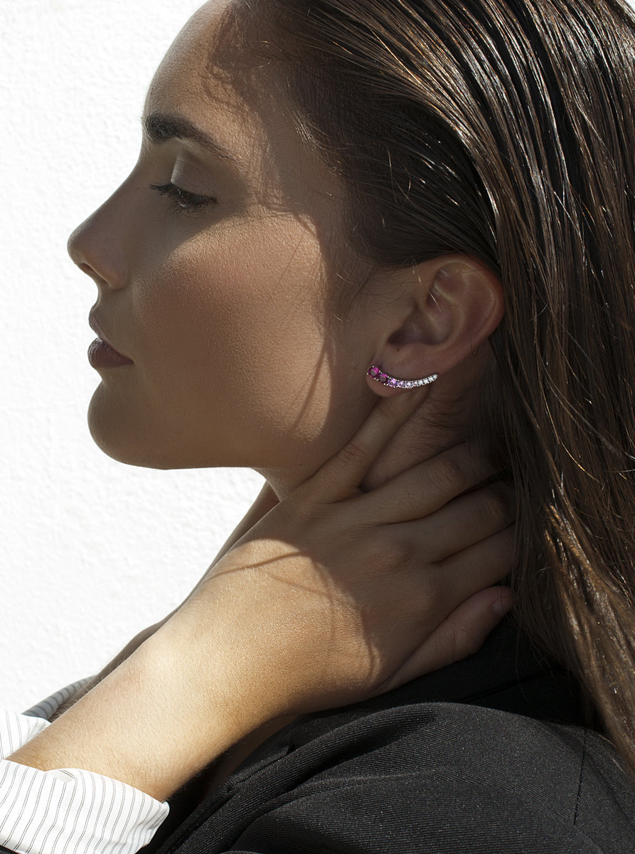 Pendientes trepadores de plata con circonitas rosas y fucsia