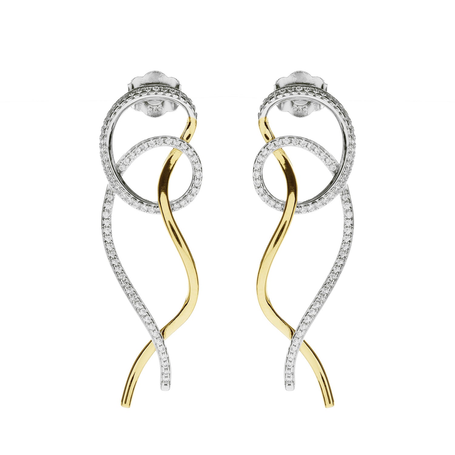 Boucles d'oreilles longues, modèle original bicolore, argent et oxydes de zirconium