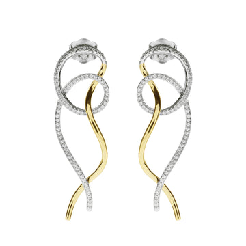 Pendientes largos diseño original bicolor de plata con circonitas