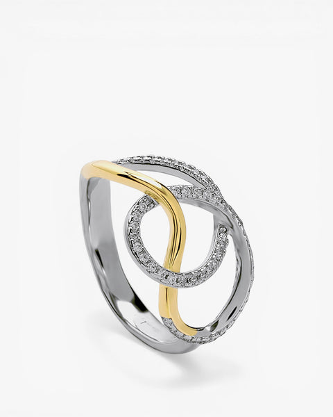 Two-tone silver link ring with cubic zirconia