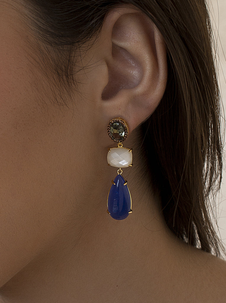Long gilded silver earrings with blue, white and green stones